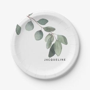 Eucalyptus Foliage Custom Name  Modern Paper Plate