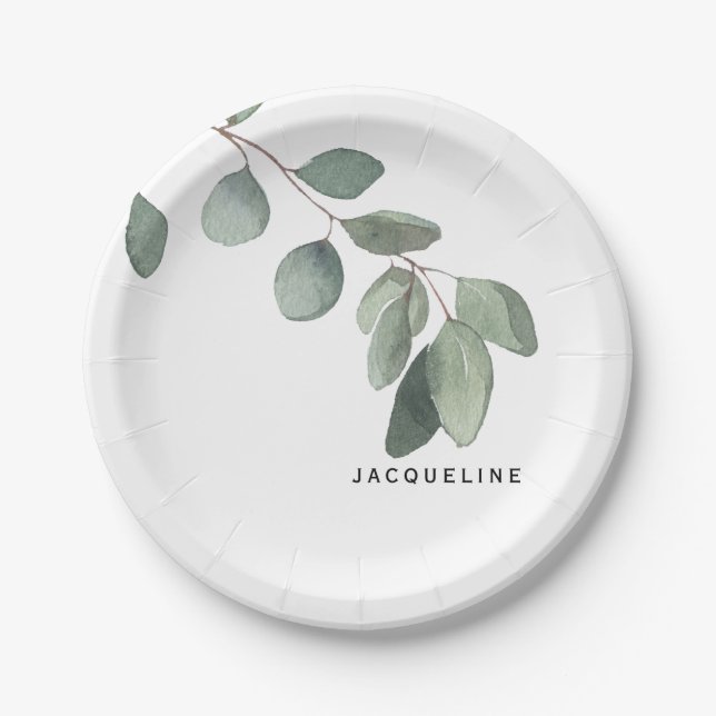 Eucalyptus Foliage Custom Name  Modern Paper Plate (Front)