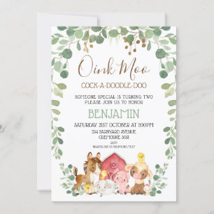 Eucalyptus Foliage Farm Animals Birthday Invitation