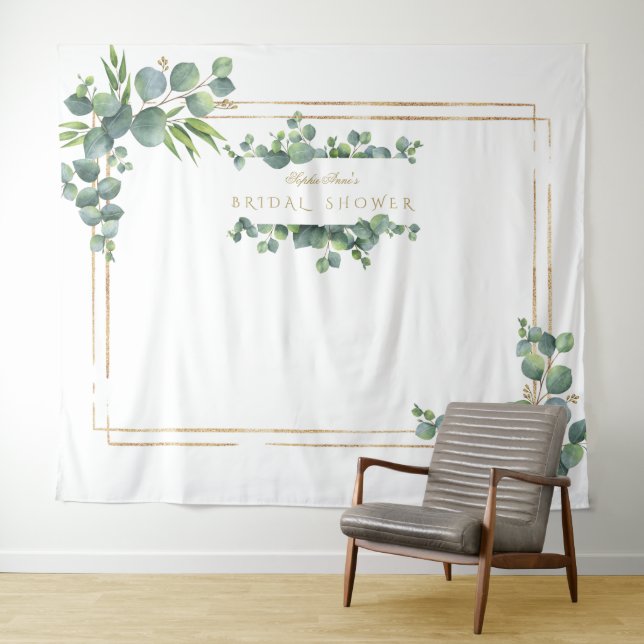 Eucalyptus Foliage Gold Frame Bridal Shower Prop Tapestry (In Situ (Horizontal))