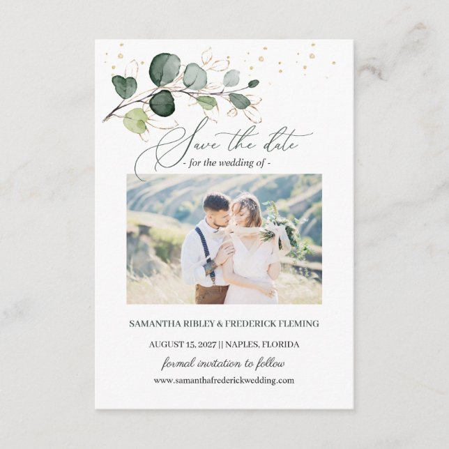 Eucalyptus Foliage Gold Leaves Save the Date Enclo Enclosure Card (Front)