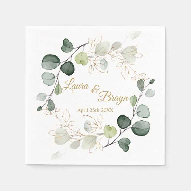 Eucalyptus Foliage Gold Leaves Wedding Napkin (Front)