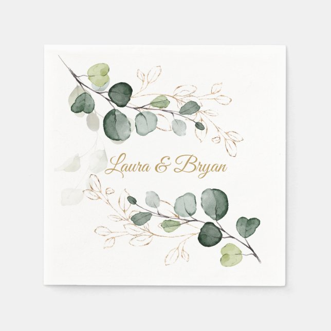 Eucalyptus Foliage Gold Leaves Wedding  Napkin (Front)