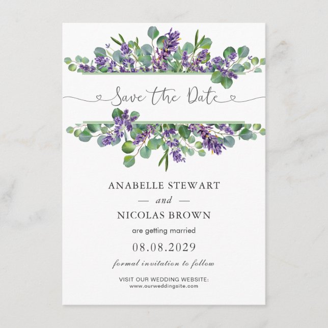 Eucalyptus Foliage Lavender Flowers Save the Date Enclosure Card (Front)