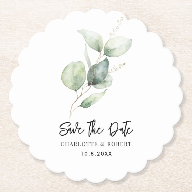 Eucalyptus Foliage Minimalist Save the Date Paper Coaster (Front)