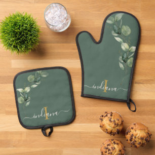 Eucalyptus Foliage Monogram Script Elegant Oven Mitt & Pot Holder Set