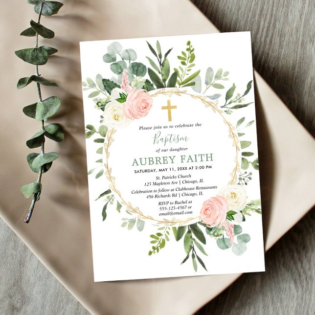 Eucalyptus foliage pink elegant girl baptism invitation (Creator Uploaded)