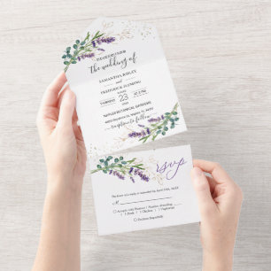 Eucalyptus Foliage Purple Lavender Flowers Wedding All In One Invitation