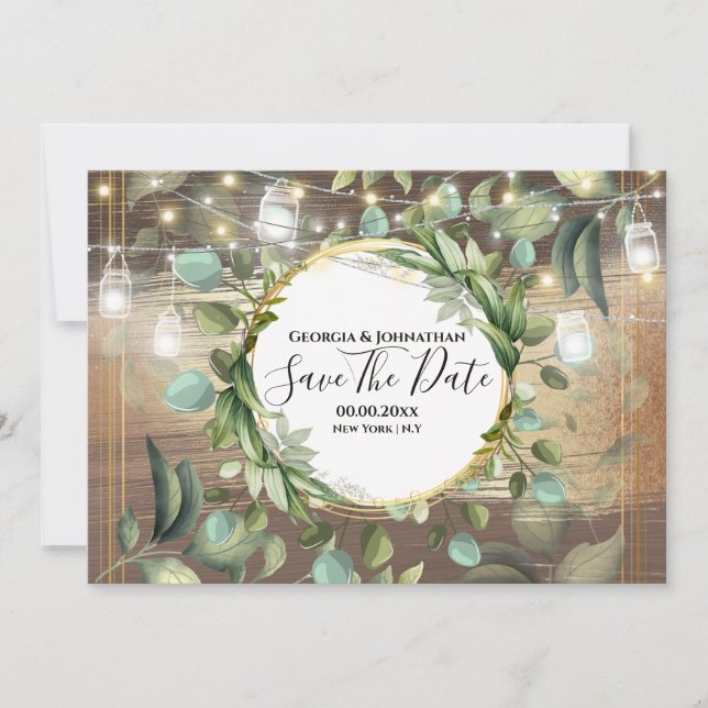 Eucalyptus foliage string lights country rustic save the date (Front)