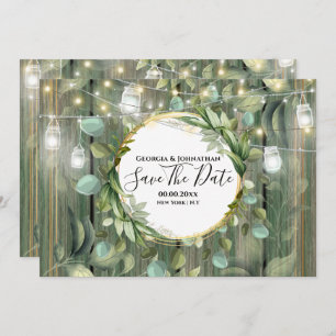 Eucalyptus foliage string lights country wood save the date