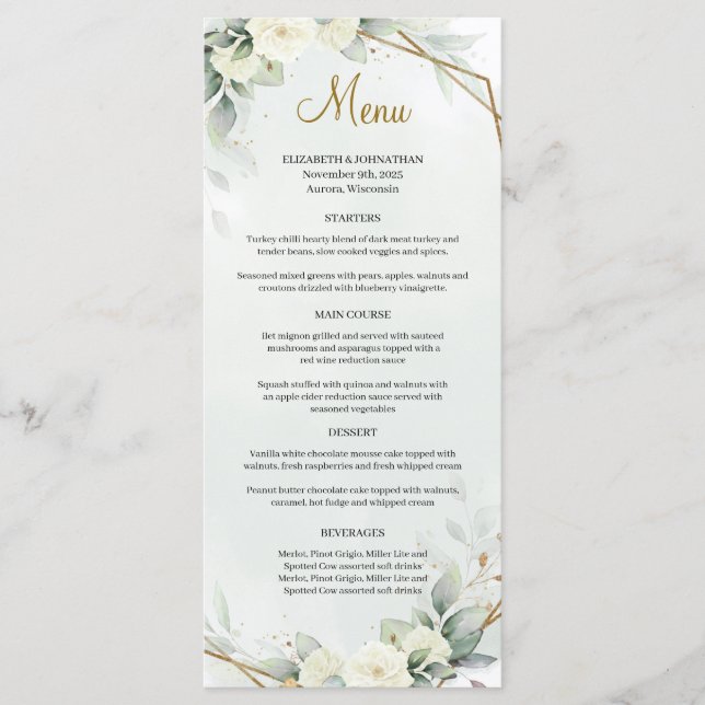 Eucalyptus Foliage White Roses Gole Geometric Menu (Front)