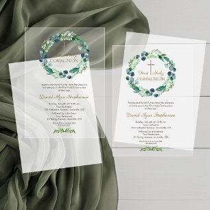 Eucalyptus Foliage Wreath Cross Boy Holy Communion Acrylic Invitations