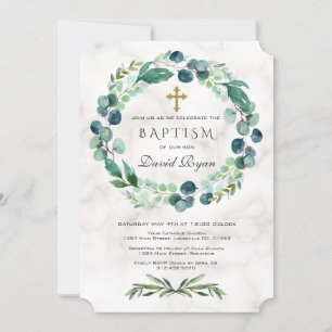Eucalyptus Foliage Wreath Cross Marble Boy Baptism Invitation