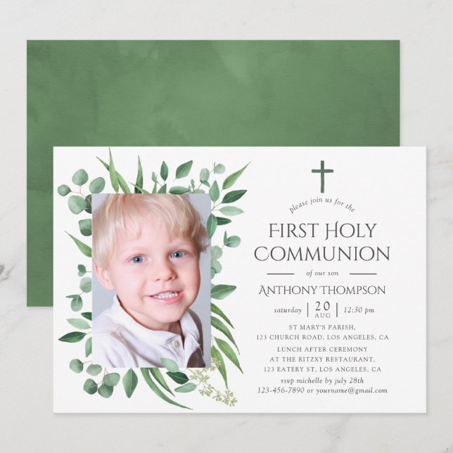 Eucalyptus Forest Greenery First Holy Communion Invitation (Front/Back)