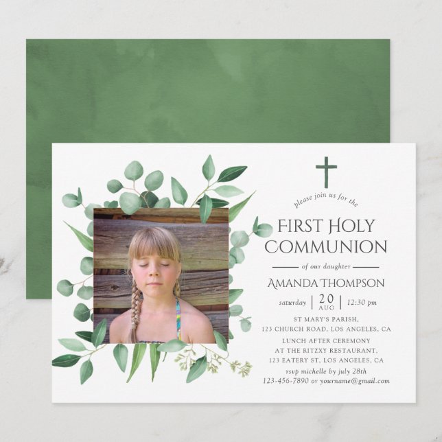 Eucalyptus Forest Greenery First Holy Communion Invitation (Front/Back)