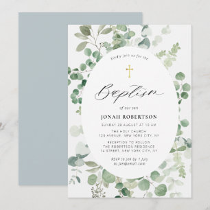 Eucalyptus frame baby boy Baptism invitation