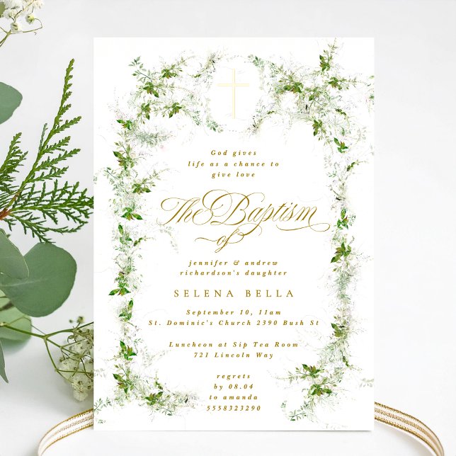 Eucalyptus Frame Gold Cross Baptism Foil Invite (Creator Uploaded)