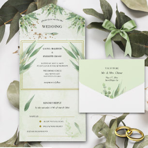 Eucalyptus Frame Green Gold Foliage Watercolor  All In One Invitation