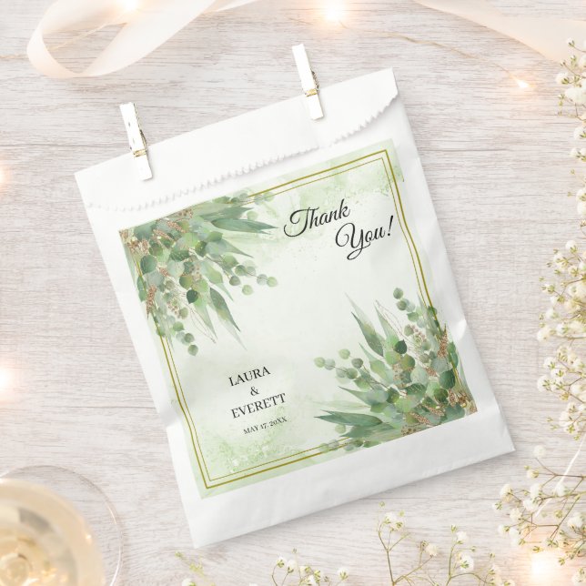 Eucalyptus Frame Green Gold Foliage Wedding Favour Bag (Clipped)