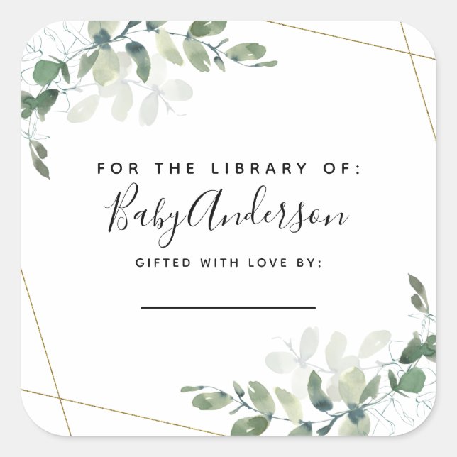 Eucalyptus From the Library Baby Shower Bookplate  Square Sticker (Front)