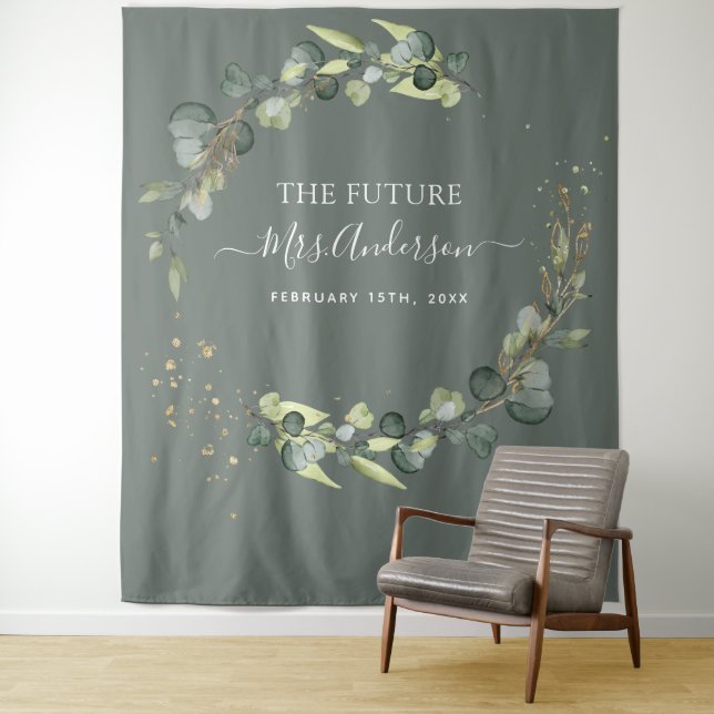 Eucalyptus Future Mrs. Photo Booth Backdrop Tapestry (In Situ)