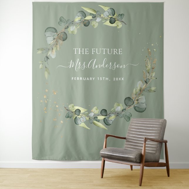 Eucalyptus Future Mrs. Photo Booth Backdrop Tapestry (In Situ)