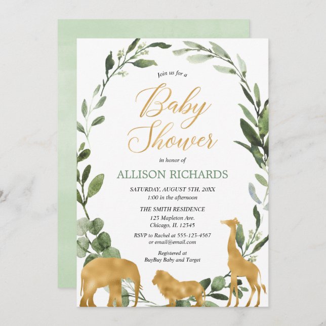 Eucalyptus gender neutral greenery gold safari invitation (Front/Back)