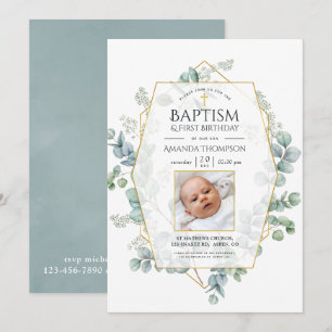 Eucalyptus Geometric Baptism 1st Birthday Invitation