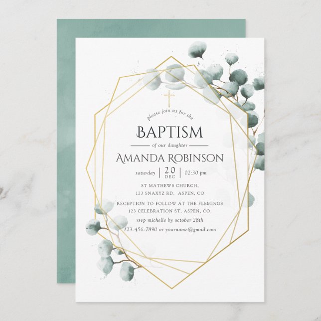 Eucalyptus Geometric Baptism or Christening Invitation (Front/Back)