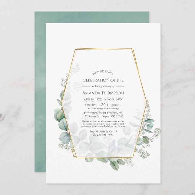 Eucalyptus Geometric Celebration of Life Photo Invitation (Front/Back)