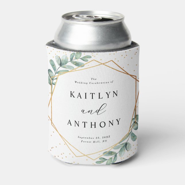 Eucalyptus Geometric Gold Foil Wedding Can Cooler (Can Back)