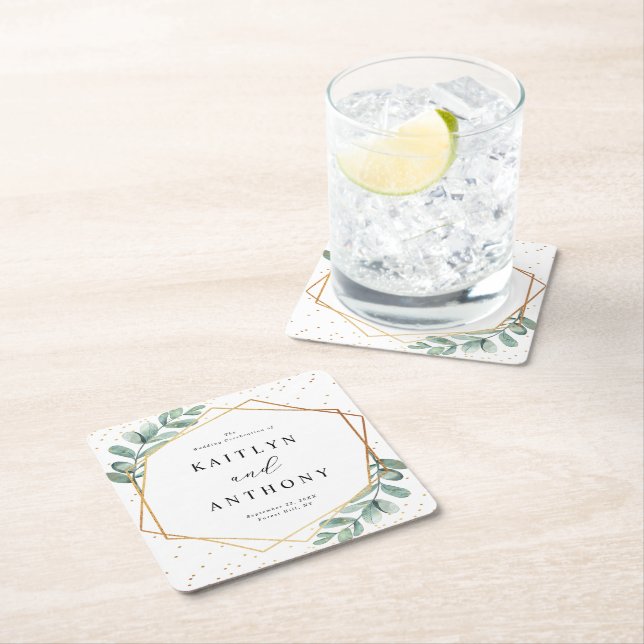Eucalyptus Geometric Gold Foil Wedding Square Paper Coaster (Insitu)