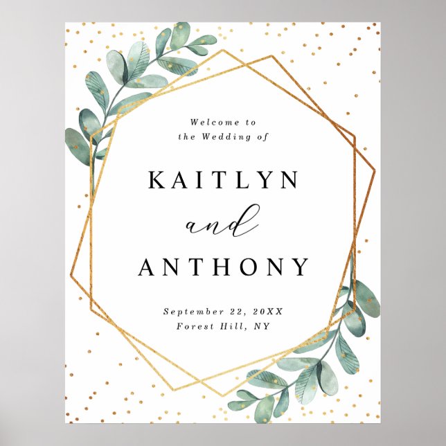 Eucalyptus Geometric Gold Foil Wedding Welcome Poster (Front)