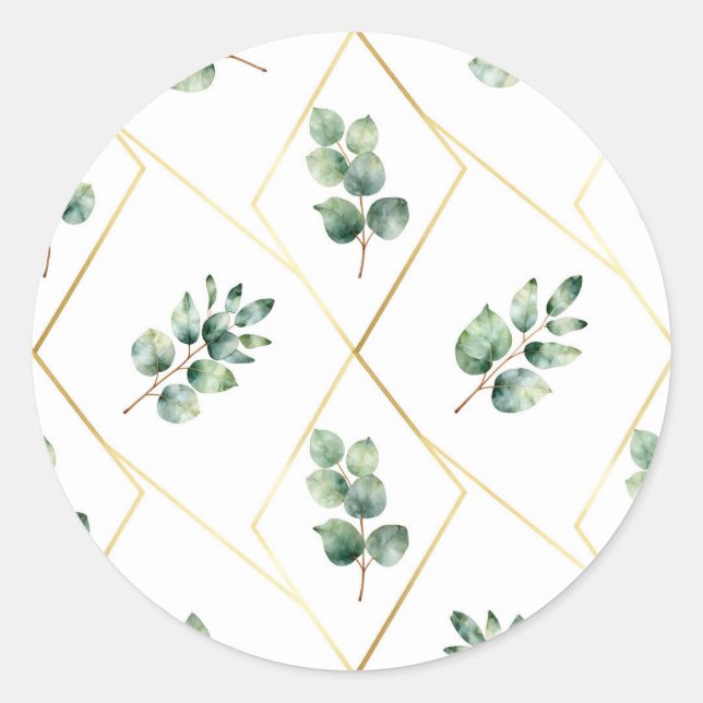 Eucalyptus Geometric Gold Pattern Classic Round Sticker (Front)