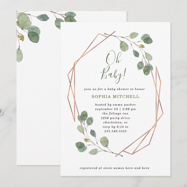 Eucalyptus Geometric Rose Gold Baby Shower Oh Baby Invitation (Front/Back)