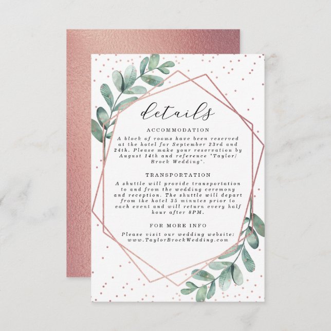 Eucalyptus Geometric Rose Gold Foil Wedding Enclosure Card (Front/Back)