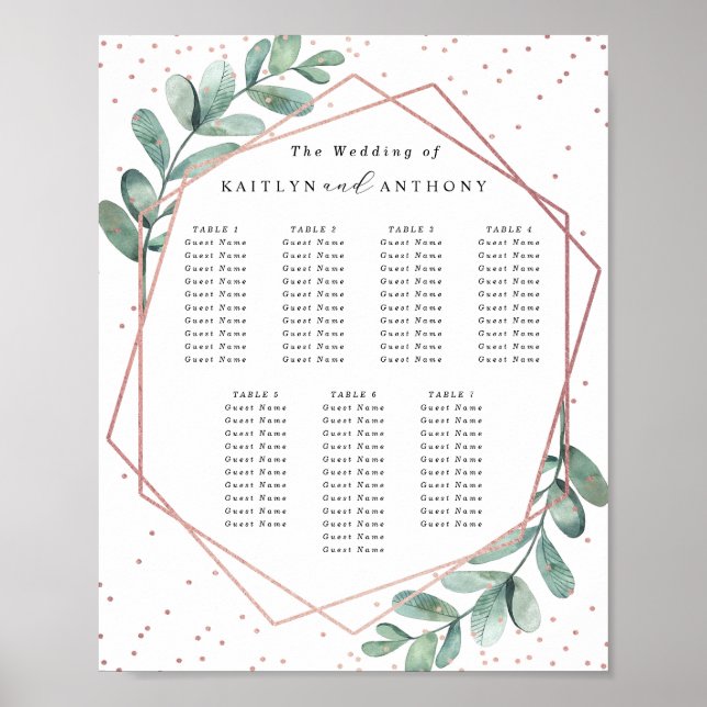 Eucalyptus Geometric Rose Gold Foil Wedding Table Poster (Front)