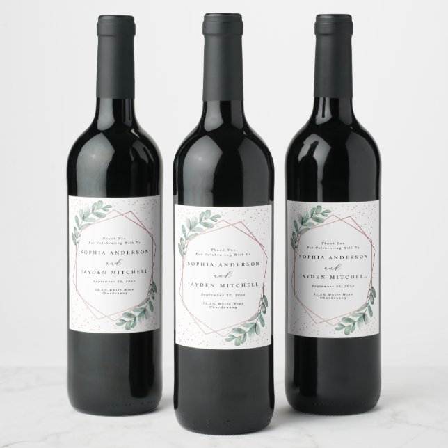 Eucalyptus Geometric Rose Gold Foil Wedding Wine Label (Bottles)