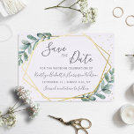 Eucalyptus Geometric Save The Date Real<br><div class="desc">Celebrate in style with these modern and very trendy wedding save the date cards. The design features a chic real foil pressed geometric frame with trendy typography wording and lush watercolor eucalyptus greenery. This design is easy to personalize with your special event wording and your guests will be thrilled when...</div>