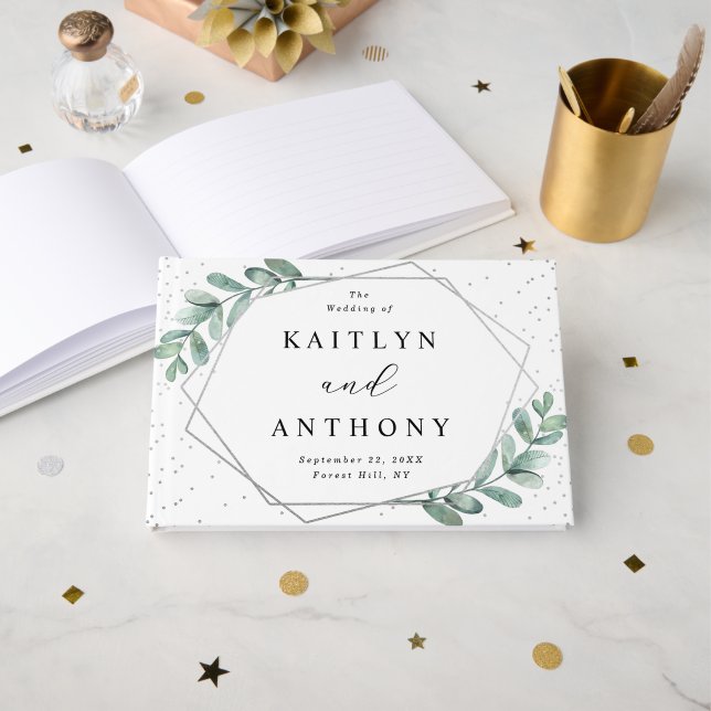 Eucalyptus Geometric Silver Foil Wedding Guest Book (Front Open)