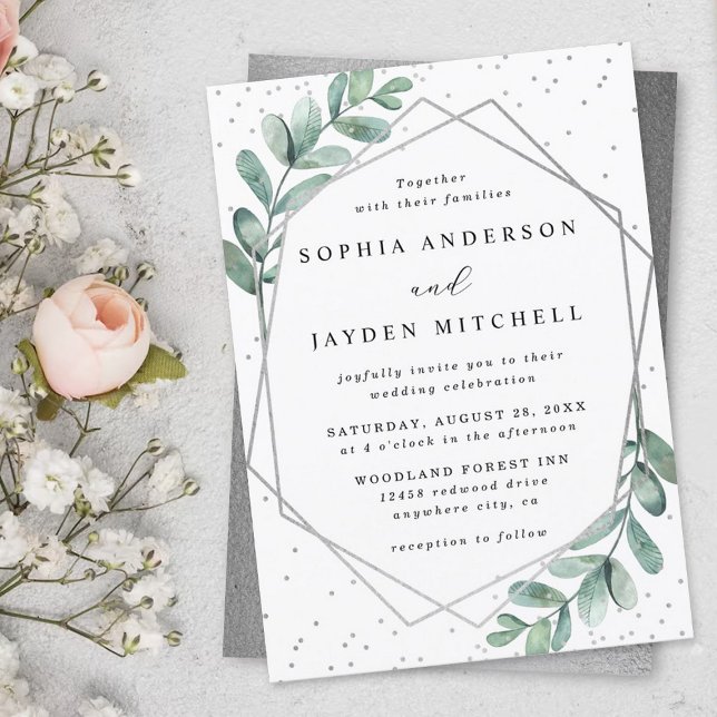 Eucalyptus Geometric Silver Foil Wedding Invitation (Creator Uploaded)