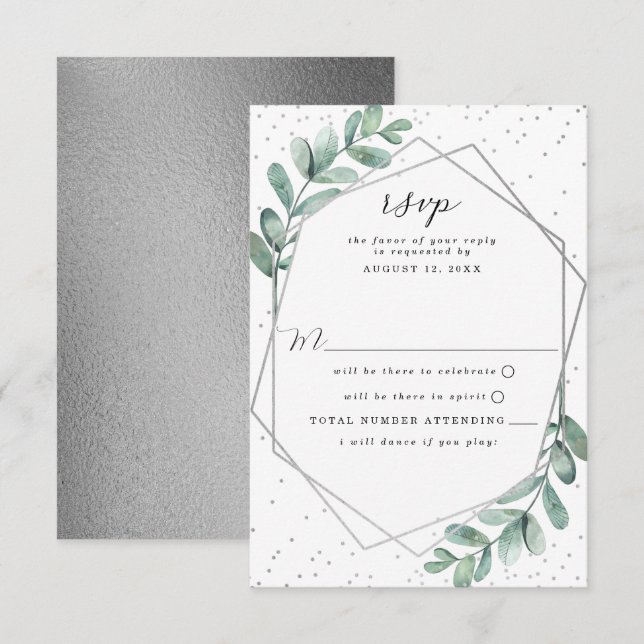 Eucalyptus Geometric Silver Foil Wedding RSVP Card (Front/Back)