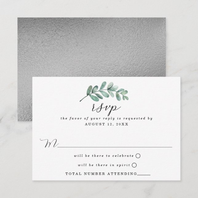 Eucalyptus Geometric Silver Foil Wedding RSVP Card (Front/Back)