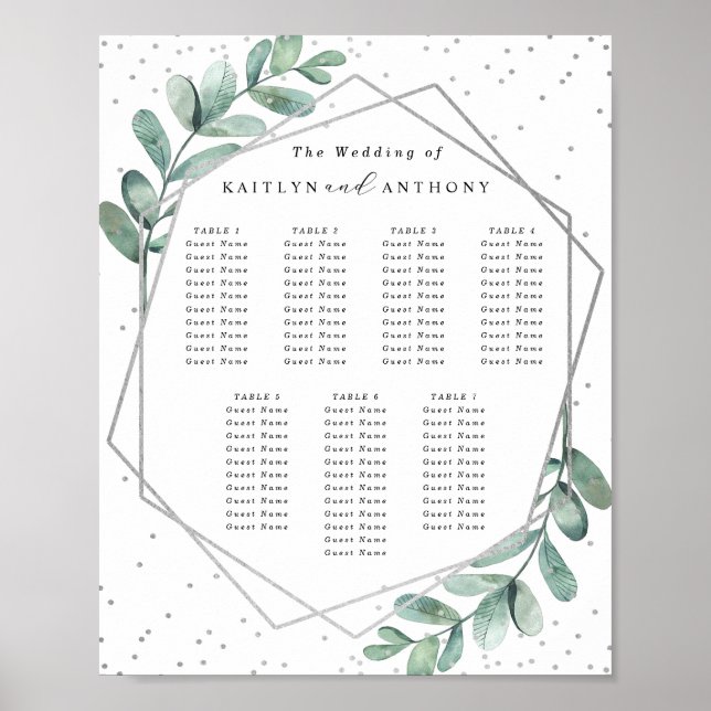 Eucalyptus Geometric Silver Foil Wedding Seating Poster (Front)