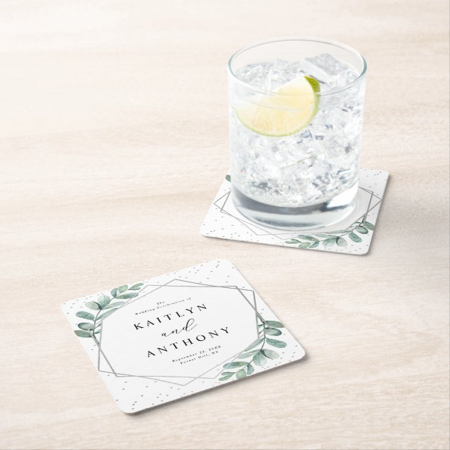 Eucalyptus Geometric Silver Foil Wedding Square Paper Coaster (Insitu)