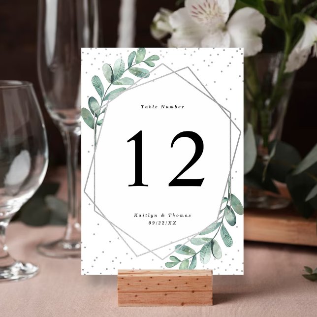 Eucalyptus Geometric Silver Foil Wedding Table Number (Creator Uploaded)