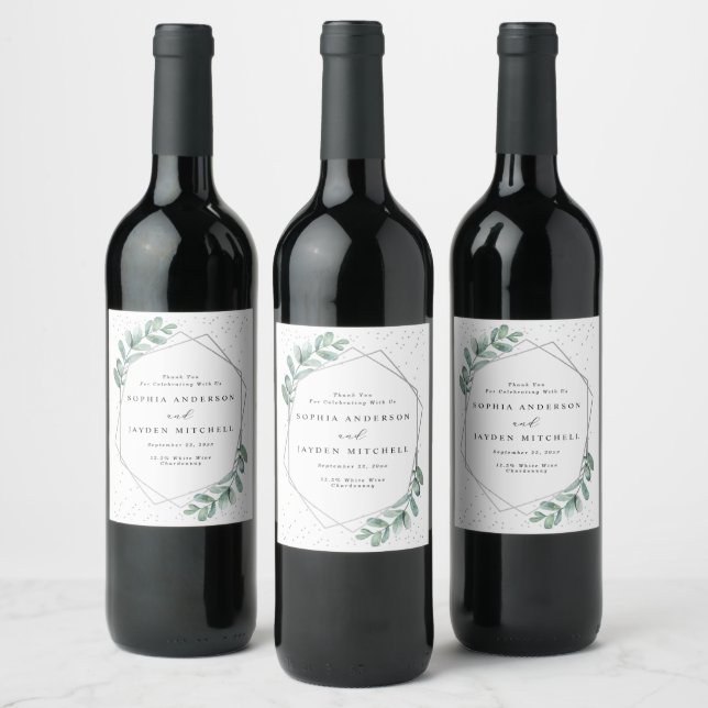 Eucalyptus Geometric Silver Foil Wedding Wine Label (Bottles)