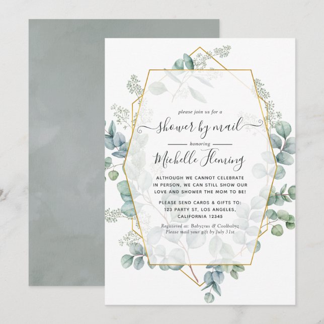 Eucalyptus Geometric Virtual Baby Shower by Mail Invitation (Front/Back)