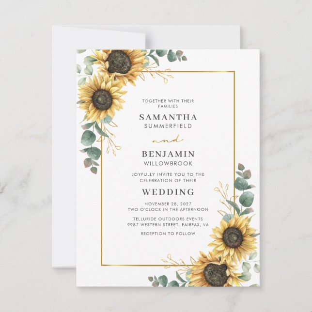 Eucalyptus Geometric Wedding Floral Sunflower Invitation (Front)