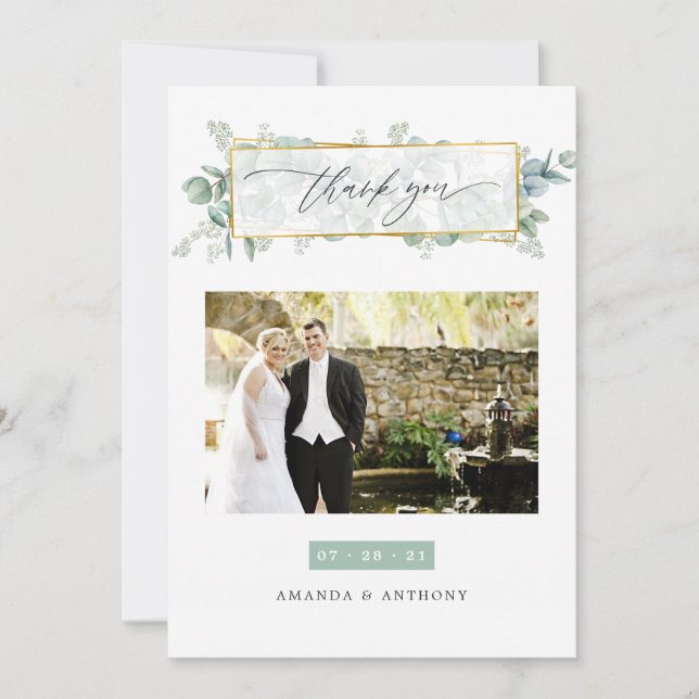 Eucalyptus Geometric Wedding Photo Thank You Card (Front)